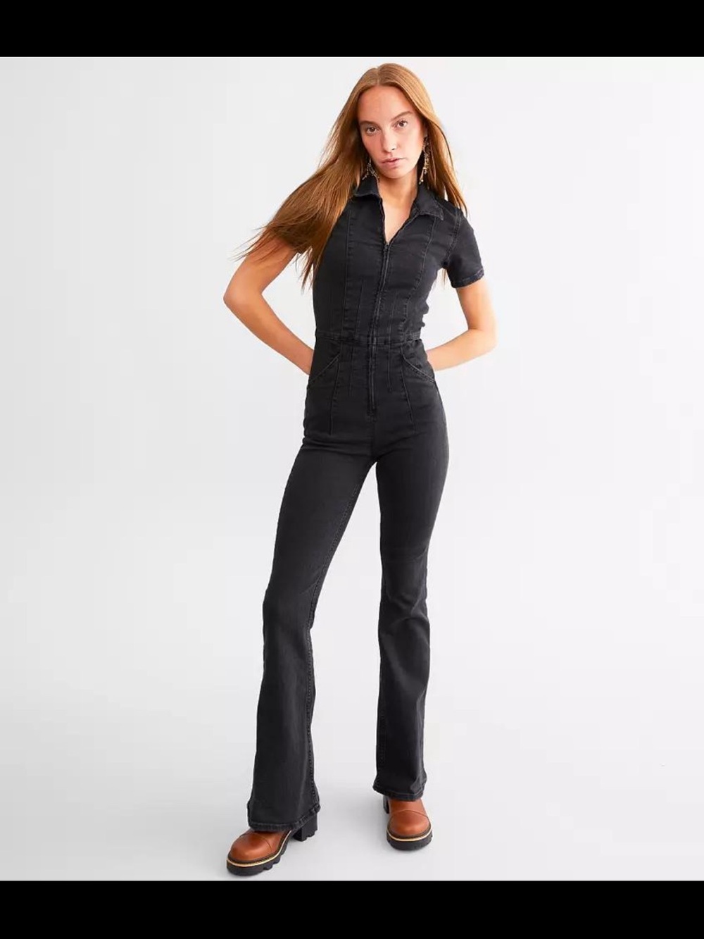 Free People We The Free Jayde Black Denim Flare Jumpsuit XS